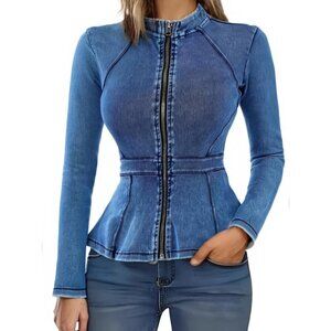 🆕Women Blue Casual Denim Peplum Jacket Long Sleeve Zip Front Athletic Coats